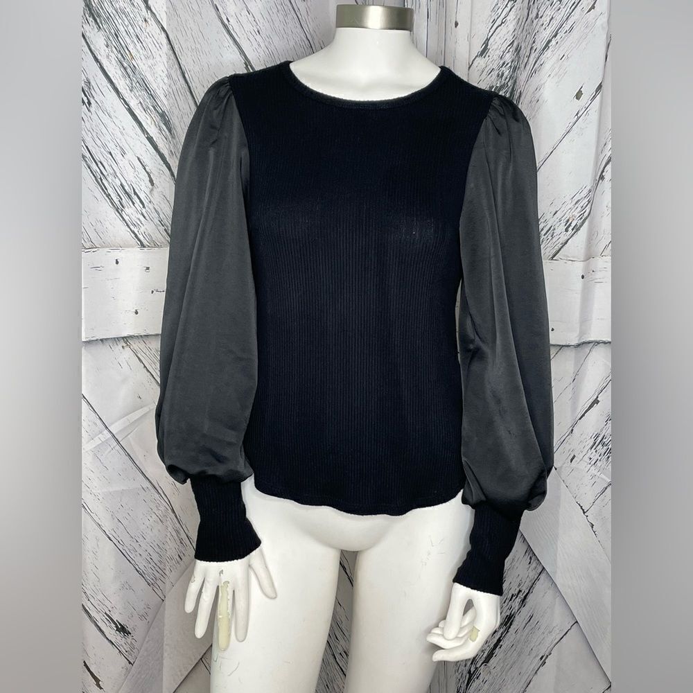 Fifteen Twenty Ribbed Sweater Satin Balloon Sleeves Black XS
